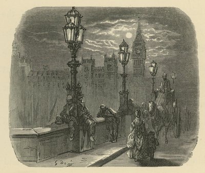 Mensen en rijtuigen op Westminster Bridge door Gustave Dore
